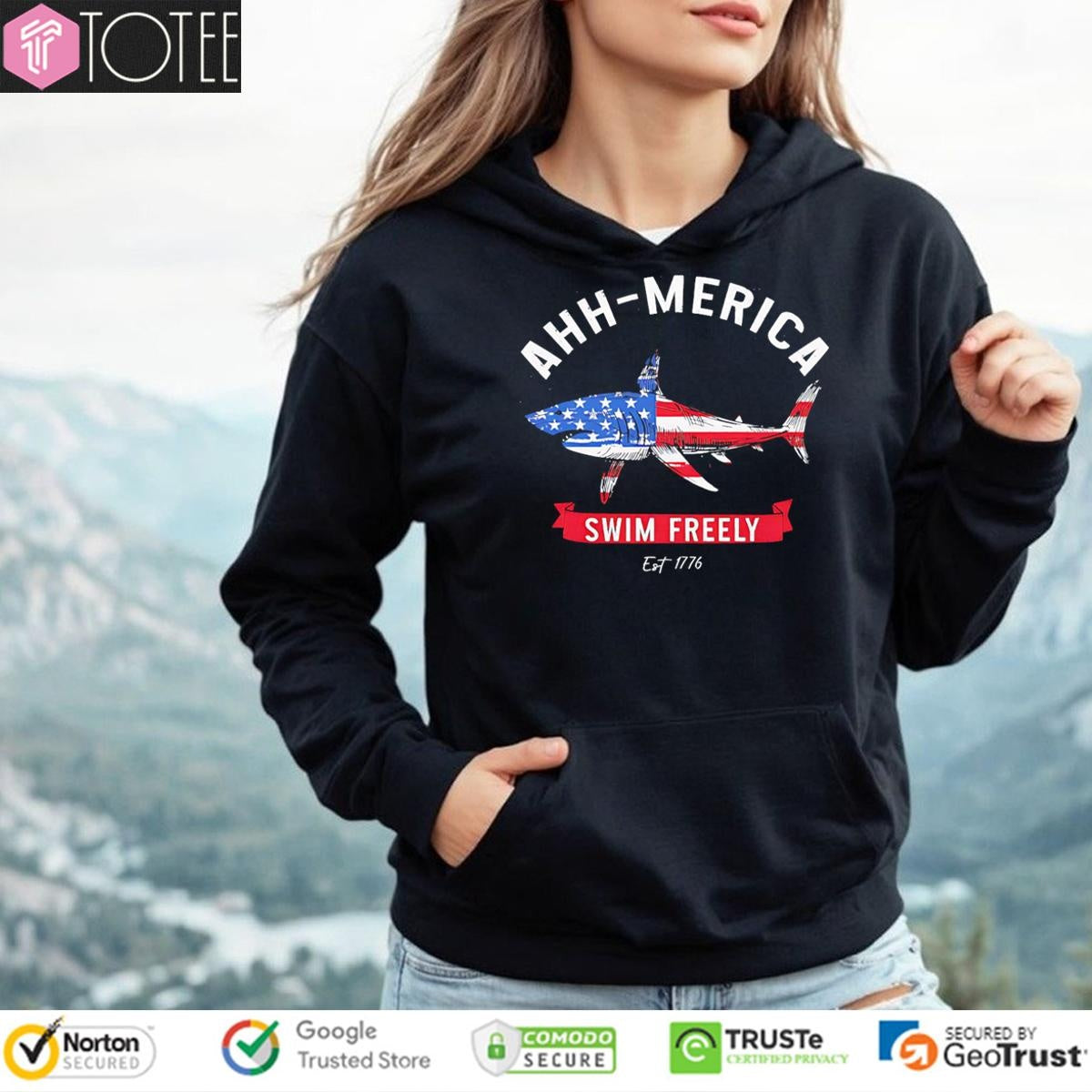 Ahh-Merica Swim Freely Est 1776 Shark Usa Flag T-shirt