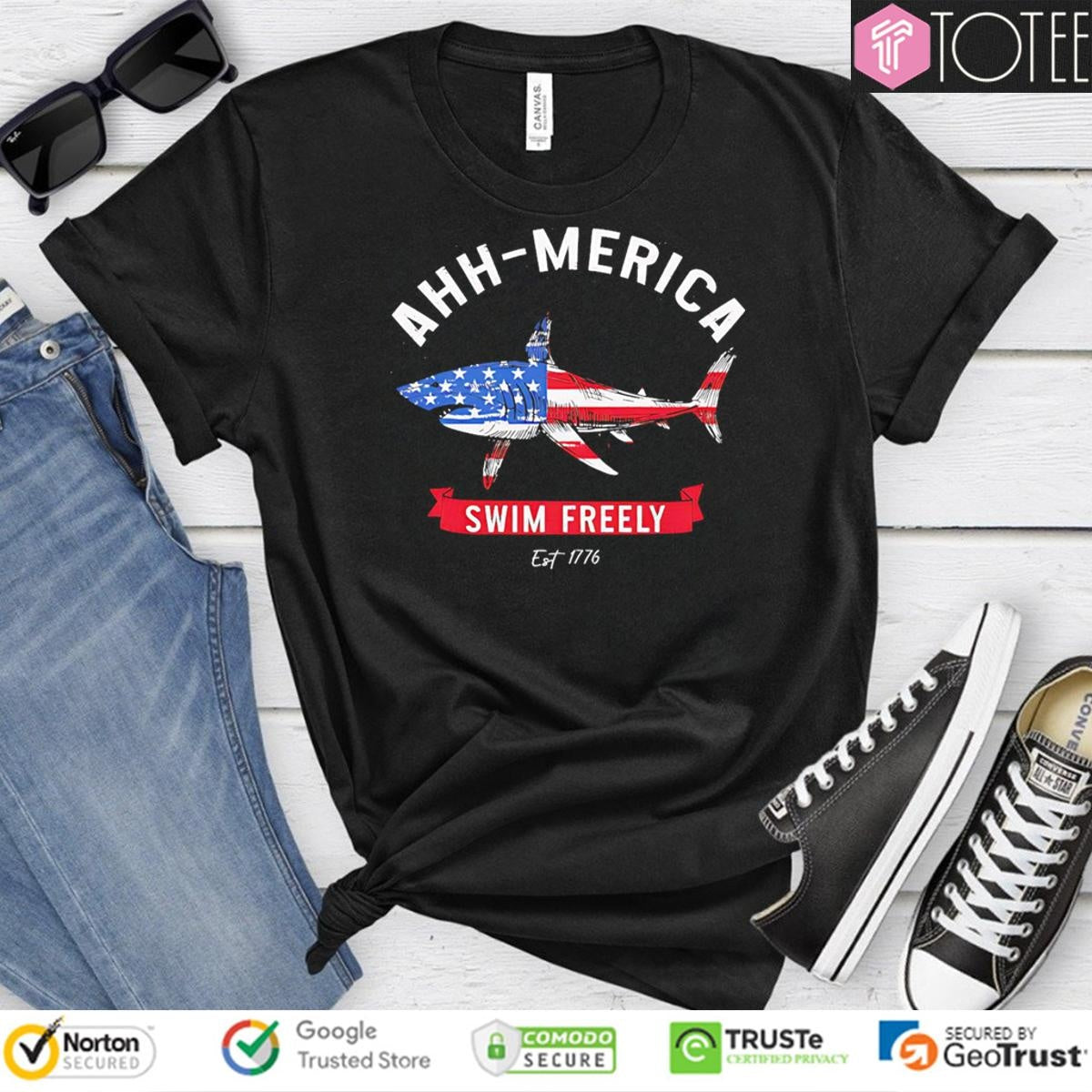 Ahh-Merica Swim Freely Est 1776 Shark Usa Flag T-shirt