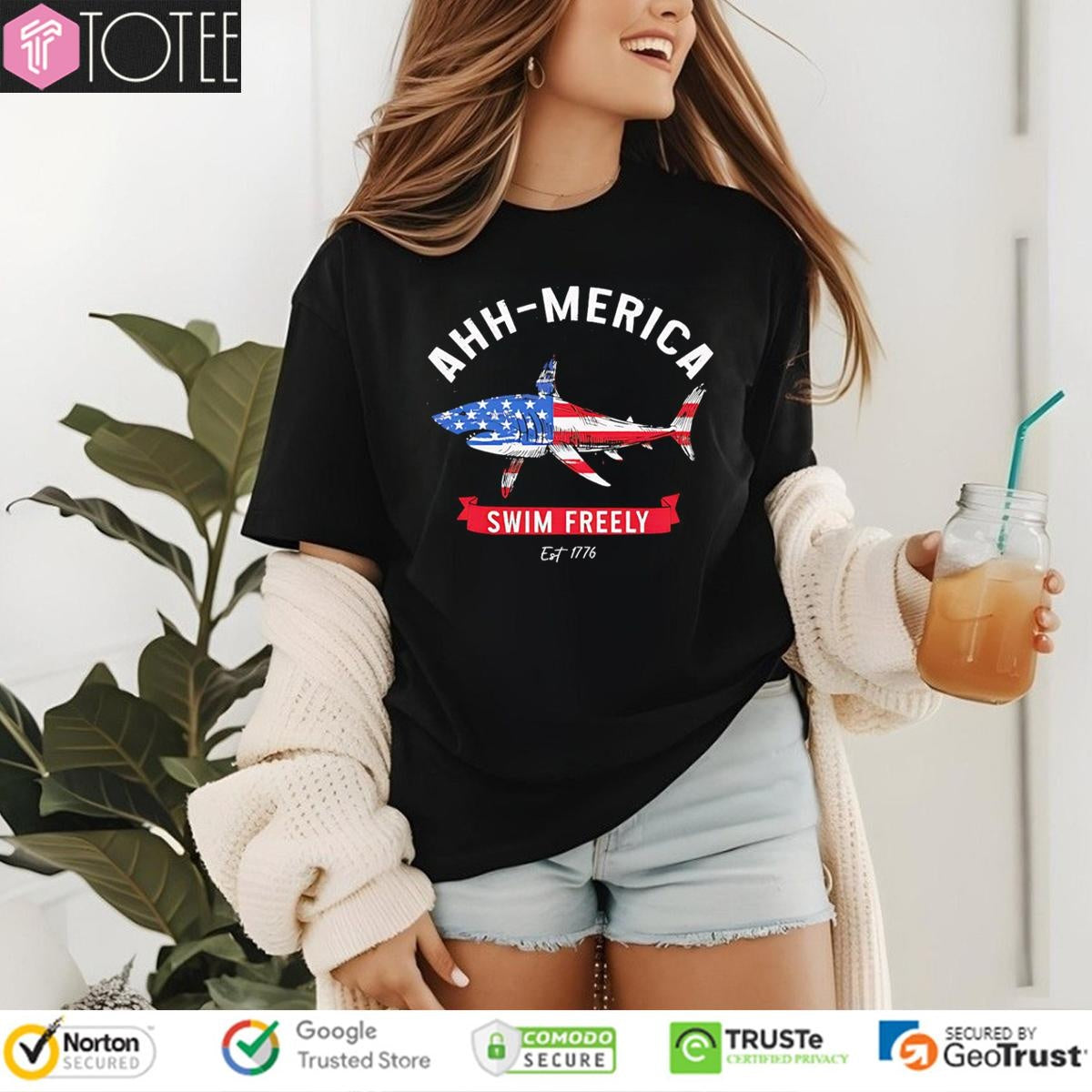 Ahh-Merica Swim Freely Est 1776 Shark Usa Flag T-shirt