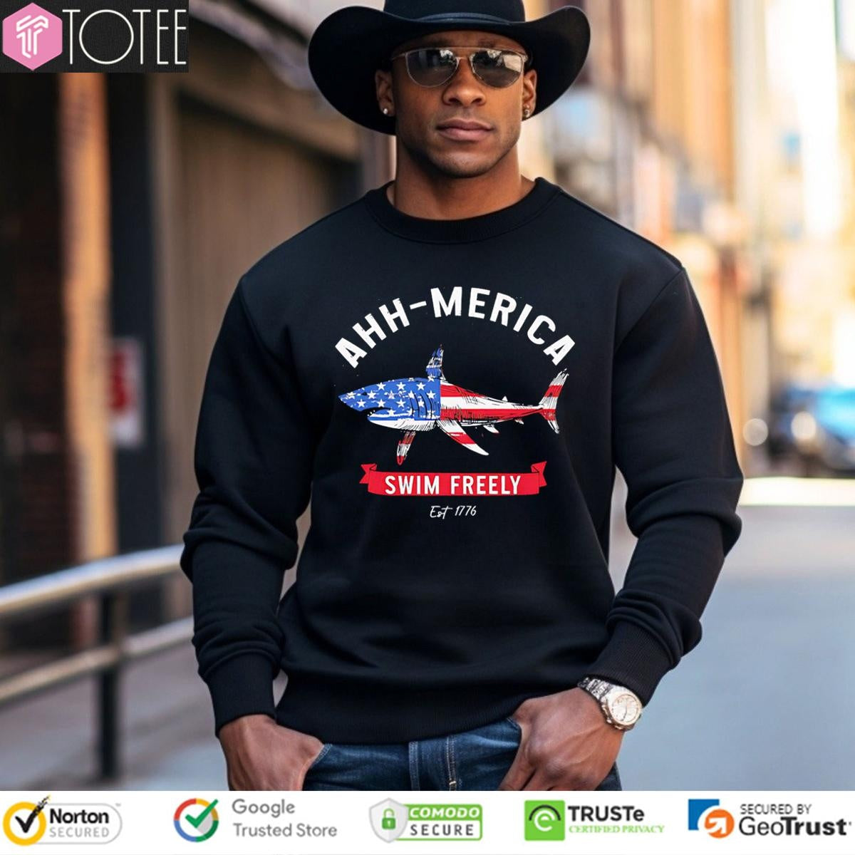 Ahh-Merica Swim Freely Est 1776 Shark Usa Flag T-shirt