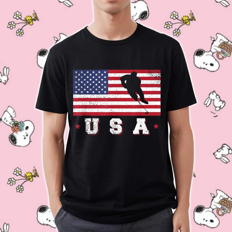 American USA Flag Ice Hockey Patriotic 4Th Of July T-shirt