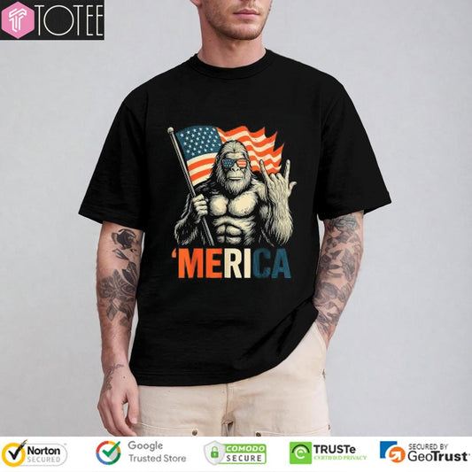 Bigfoot Patriotic Merica Rock Sign American Flag Happy 4Th Of July T-shirt