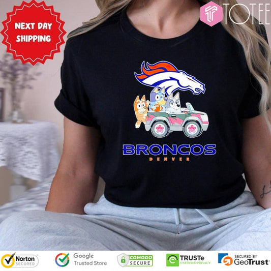 Bluey Family Driving Car Denver Broncos T-shirt