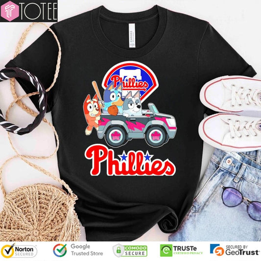 Bluey Family Driving Car Philadelphia Phillies Baseball T-shirt