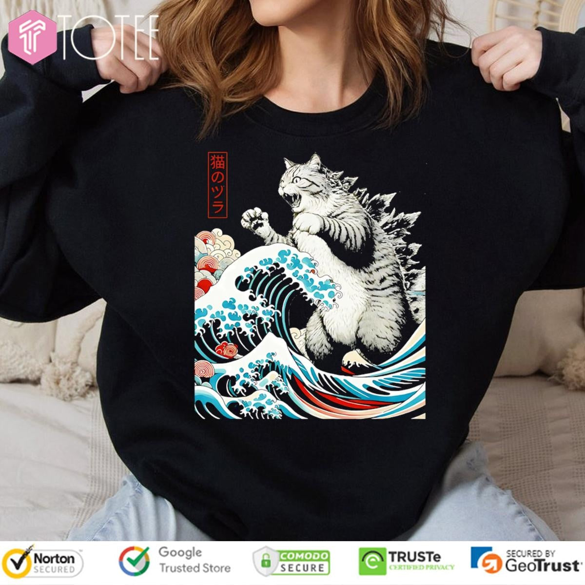 Catzilla Waves Ukiyo-E Parody Godzilla Cat T-shirt