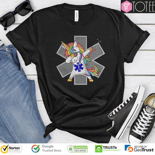 Dabbing Unicorn Rainbow Nurse Emt Logo T-shirt