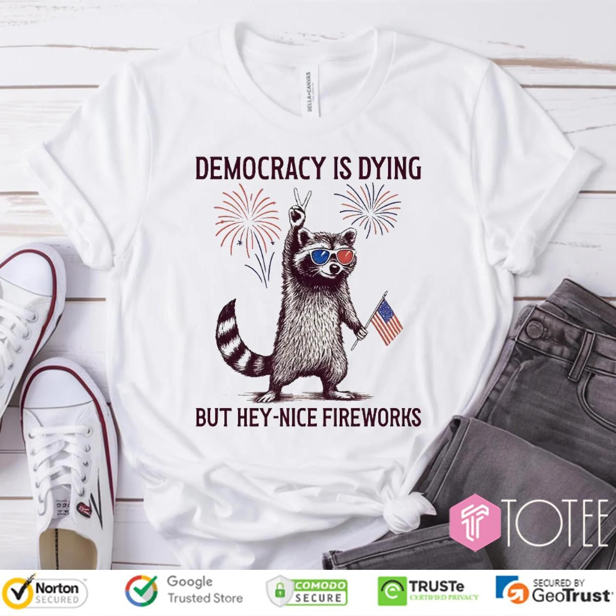 Raccoon Hold Usa Flag Democracy Is Dying But Hey Nice Fireworks 4Th Of July T-shirt