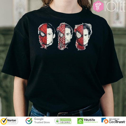 Tom Holland Tobey Maguire Andrew Garfield Faces Split Mask Spider-Man Trio T-shirt