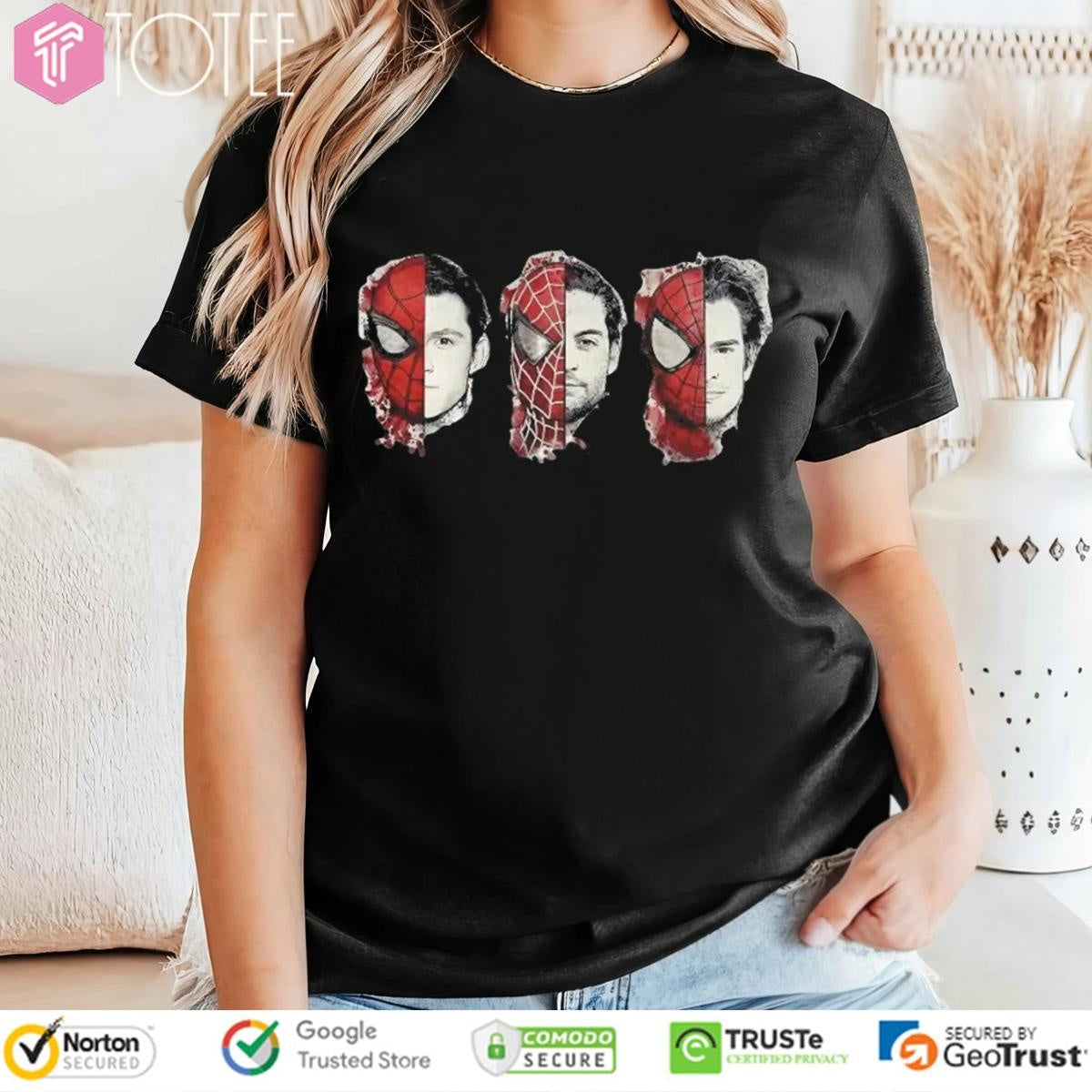 Tom Holland Tobey Maguire Andrew Garfield Faces Split Mask Spider-Man Trio T-shirt