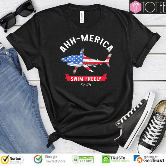 Ahh-Merica Swim Freely Est 1776 Shark Usa Flag T-shirt
