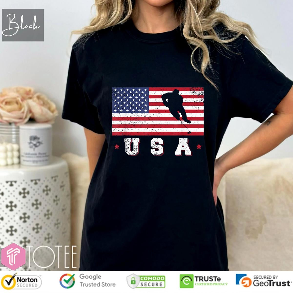 American USA Flag Ice Hockey Patriotic 4Th Of July T-shirt