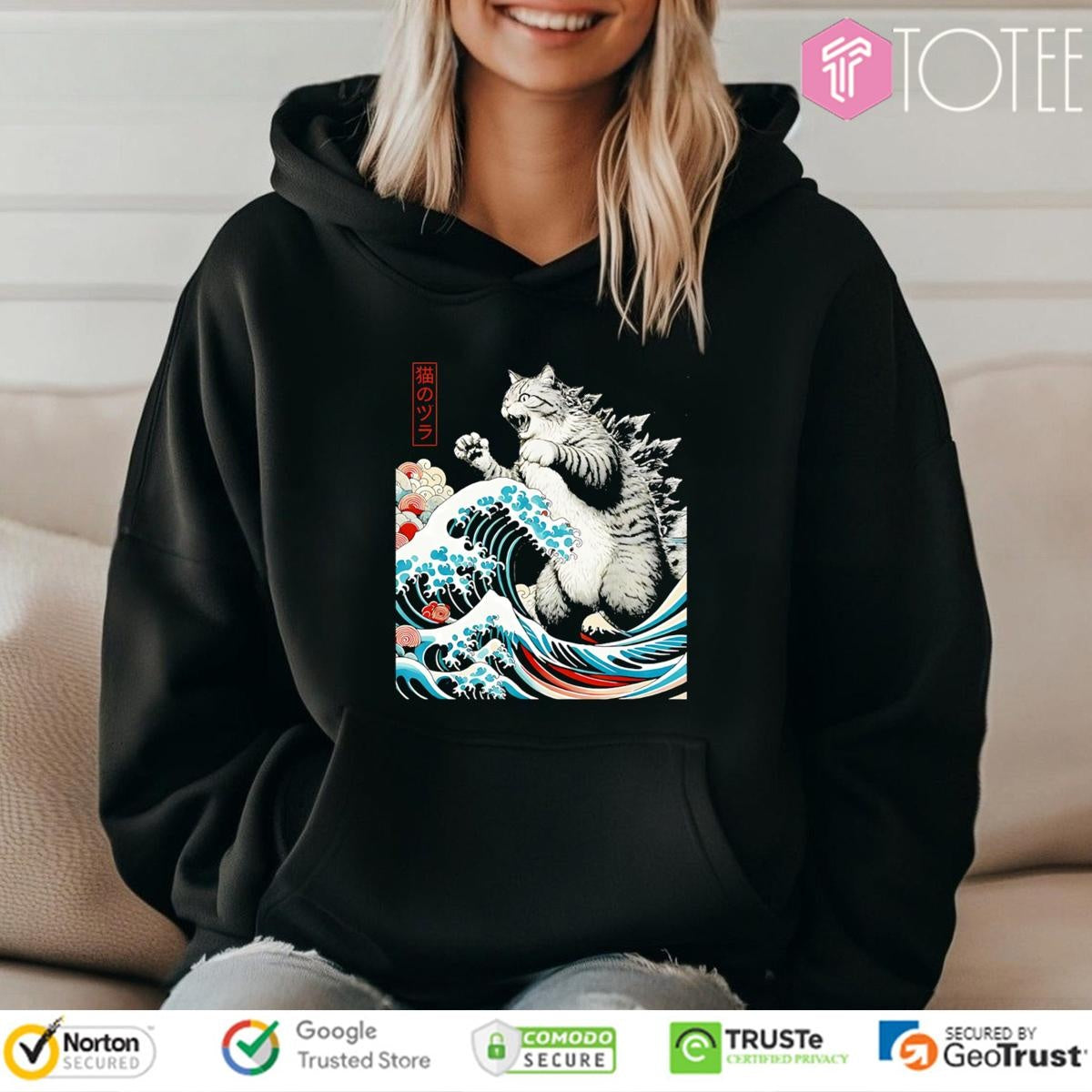 Catzilla Waves Ukiyo-E Parody Godzilla Cat T-shirt