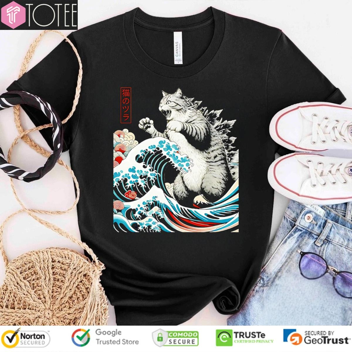 Catzilla Waves Ukiyo-E Parody Godzilla Cat T-shirt