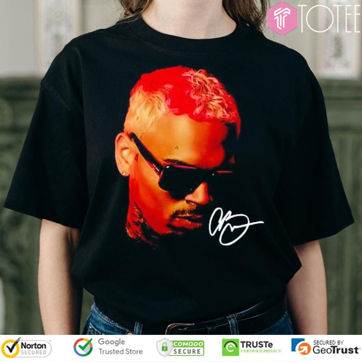 Chris Brown Pink Hair Big Head Portrait Signature T-shirt