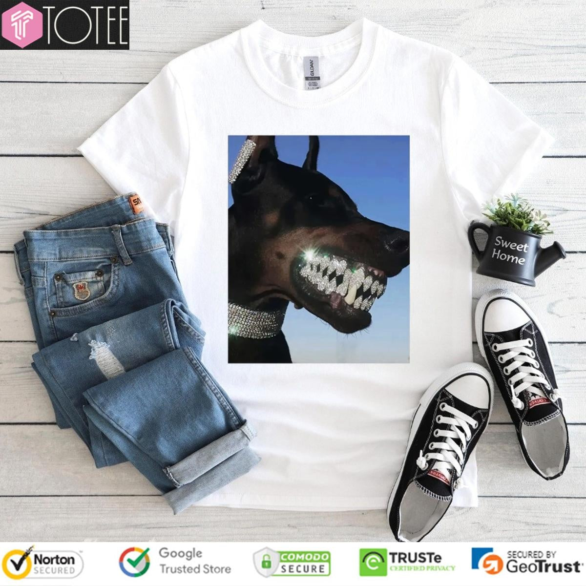 Doberman Iced Out Bling Dog Teeth Meme T-shirt