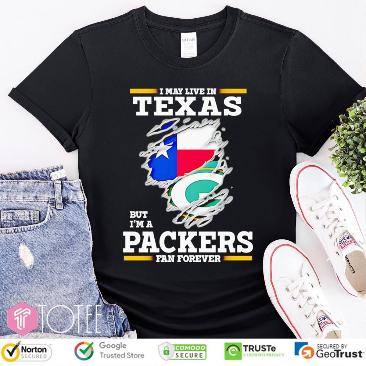 I May Live In Texas But Im A Green Bay Packers Fan Forever Torn T-shirt