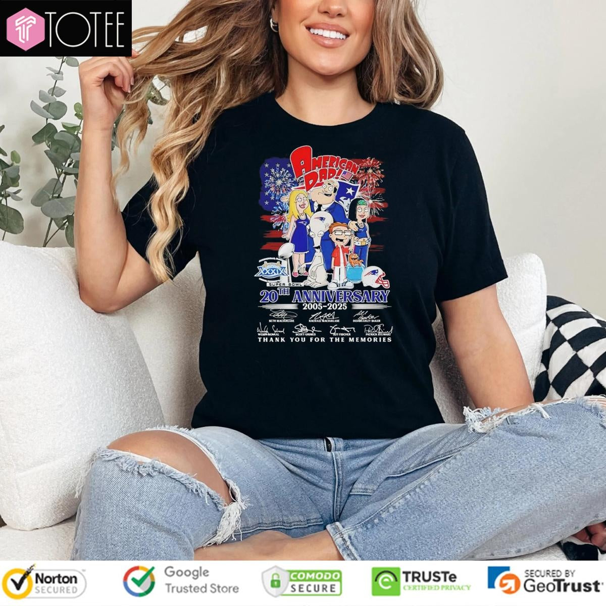 New England Patriots American Dad 20Th Anniversary 2005-2025 Signatures T-shirt