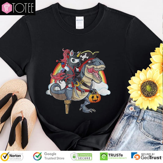 Ninja Unicorn Riding Pirate Dinosaur T Rex Rainbow Halloween T-shirt