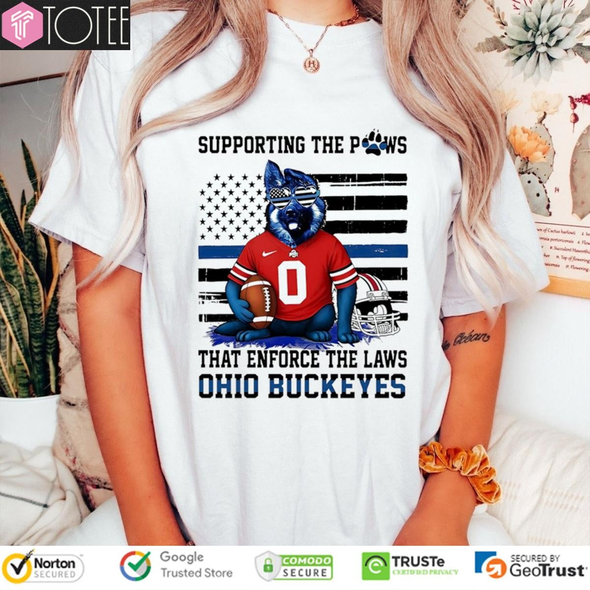 Supporting The Paws That Enforce The Laws Ohio Buckeyes Thin Blue Flag German Dog T-shirt