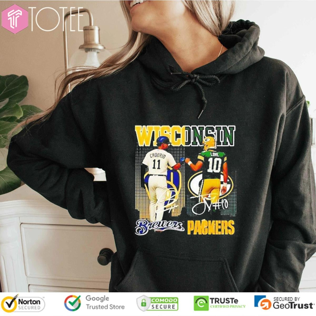 Wisconsin Sports Teams Jackson Chourio Brewers Jordan Love Packers Signed T-shirt