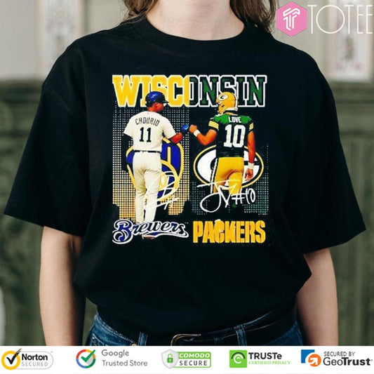 Wisconsin Sports Teams Jackson Chourio Brewers Jordan Love Packers Signed T-shirt